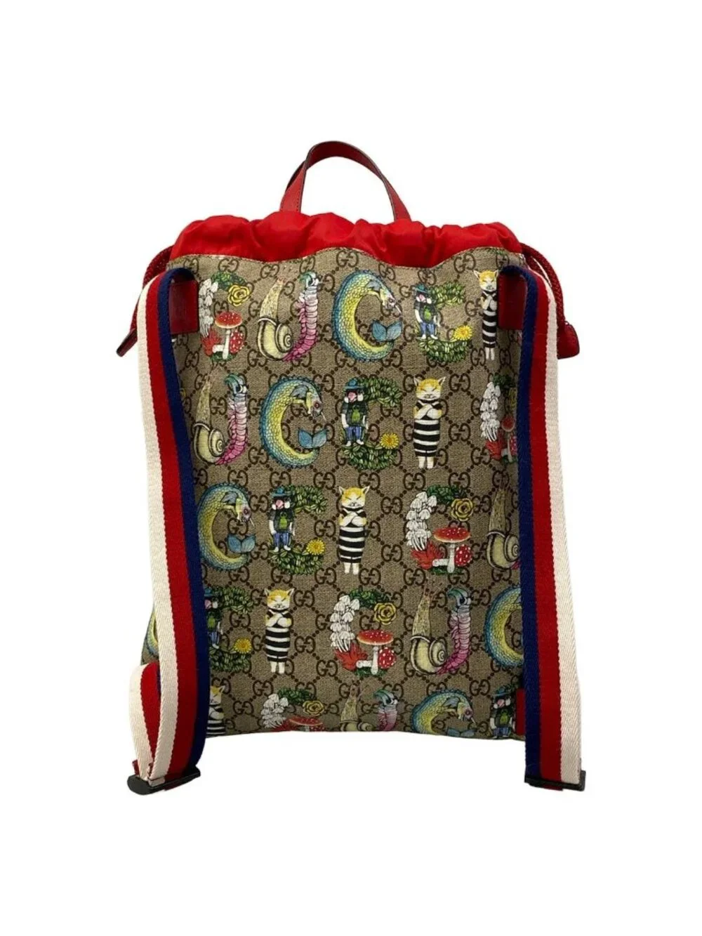 Gucci Backpack Yuko Higuchi Brown Red Multi 2-Way Drawstring Leather